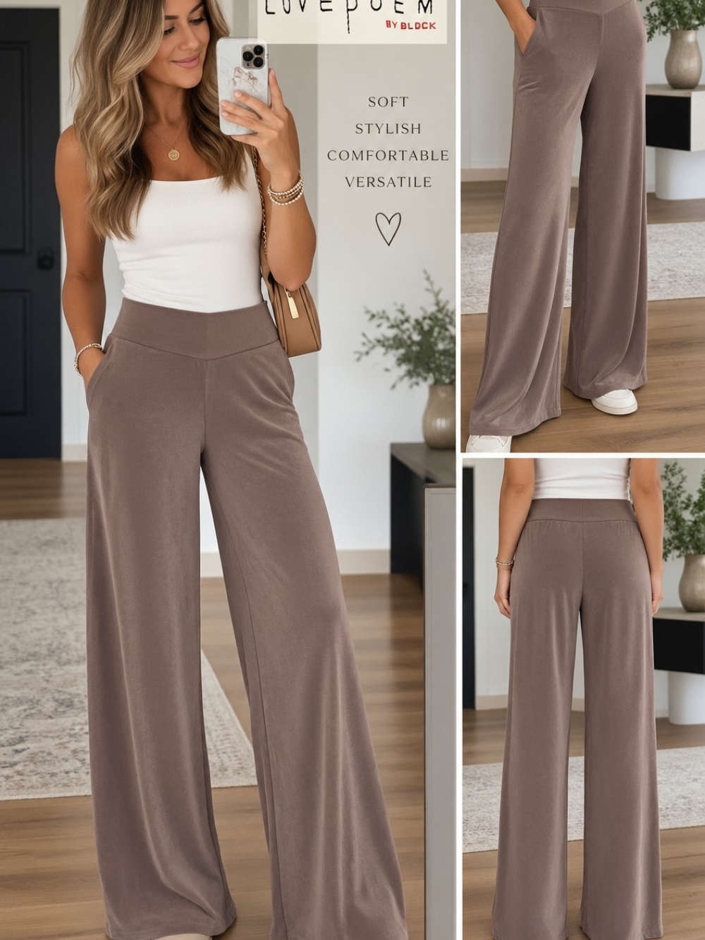 LovePoem Wide-Leg Comfort Pants in Taupe